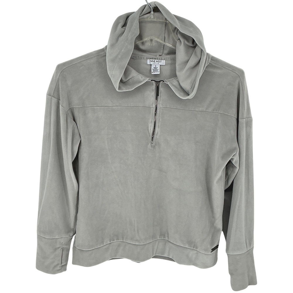 Nine West Active Women's Gray Velour Hoodie Sweatshirt Size S Quarter Zip Hooded